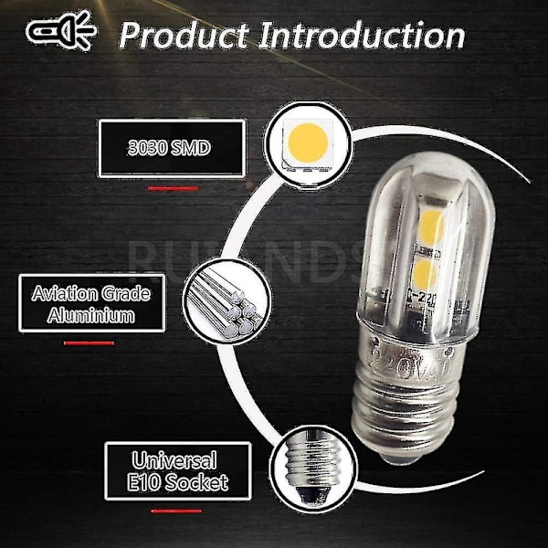 E10 LED-pære 220v 230v AC energibesparende LED-indikatorlys 8mm skruebase 3030 4smd LED-chipsets opgraderet pære, varm hvid (4 stk.) [DB]