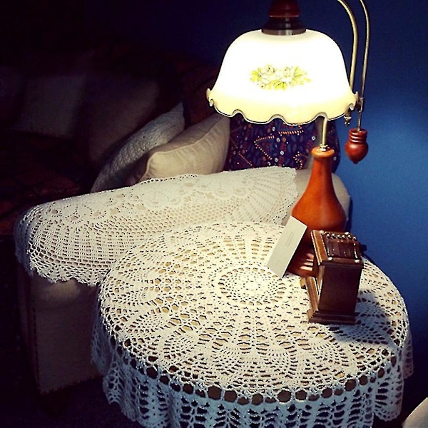 Rund Håndheklet Hult Bordduk Bryllup Spisebord Duk Deksel_h db 80cm Beige