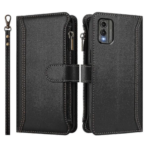 Magnetisk Läderplånboksfodral med 9 Kortfack & Blixtlåsficka - Säker Förvaring med Handrem [DB] For Nokia C32