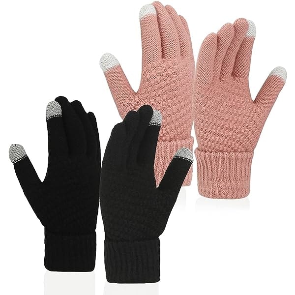 Touchscreen Warm Wool Lined Gloves Pink & Black 2 Piece Set