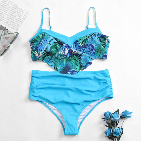 Bikinisetti naisille, röyhelöinen uimapukuyhdistelmä, korkeavyötäröinen röyhelö, 2-osainen naisten uimapuku (sininen)