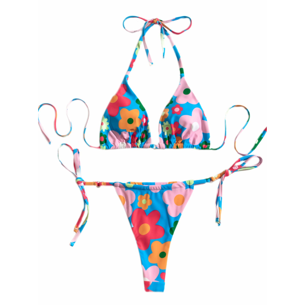 Blomstertrykk for kvinner Halter Triangle Tie Side Bikinisett Todelt badedrakt (blå blomst)