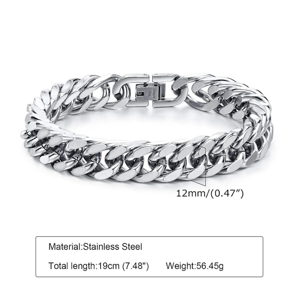 12/15MM bredd rostfritt stål kubansk kedja armband för män, silverfärg mode hip hop man pojke armband smycken DB 12MM Width 19cm