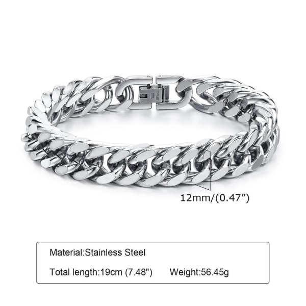 12/15MM Bredde Rustfritt Stål Kubansk Kjede Armbånd for Menn, Sølvfarget Mote Hip Hop Mann Gutt Håndleddsbånd Smykker DB 8MM Width 19cm