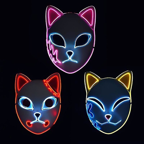 Demon Slayer LED-mask Räv Ansikte Cosplay Lysande Mask Japansk Anime Demon Slayer Cosplay Maskeradfest {Db} Yellow 1Pc