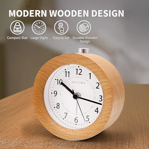 Analog väckarklocka utan tickande, väckarklocka i trä med snooze, retro väckarklocka bordsklocka med nattlampa, väckarklocka [DB]