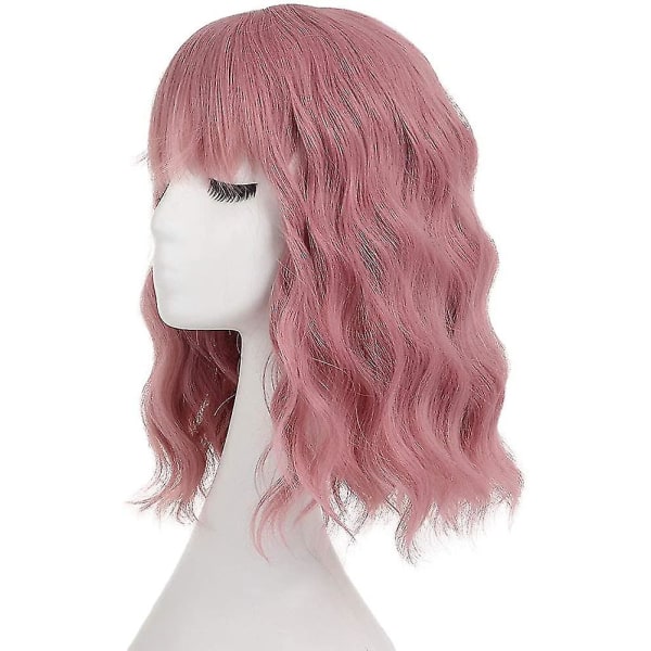 Kort lockig peruk 14'' rosa bob peruk med lugg naturlig våg värmebeständigt hår