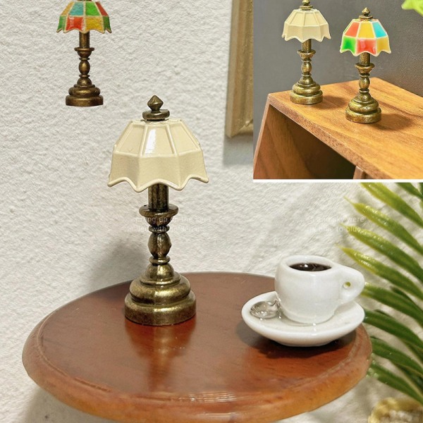 Dukkehuslampe Retro legering 1:12 amerikansk stil vintage bordlampe Ornament Home Decor City [DB] Light Yellow