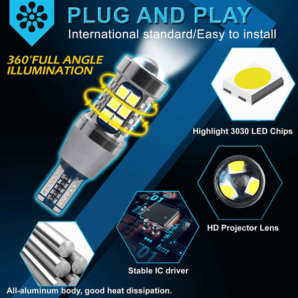 T15 W16W 12V-24V LED-bilglödlampa 921 912, 800Lm vit 6500K för bil LED-parkerings- och backljus (2-pack)