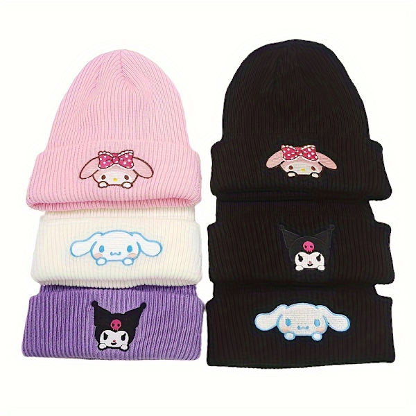 Sanrio Kuromi & Melody -kirjailtu pipo - Mukava puuvillasekoite neulottu pipo, joustava piirretty kallopipo naisille Purple Kulomi
