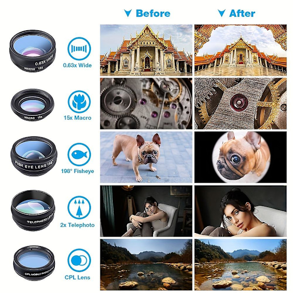 Apexel 10-i-1 Telefonkameraobjektivkit Vidvinkel/Makro/Fisheye/Teleobjektiv/CPL/Flow/Radial/Stjärnfilter/Kalejdoskoplins [DB] Black