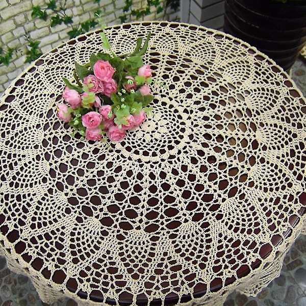 Rund Håndheklet Hult Bordduk Bryllup Spisebord Duk Deksel_h db 80cm Beige
