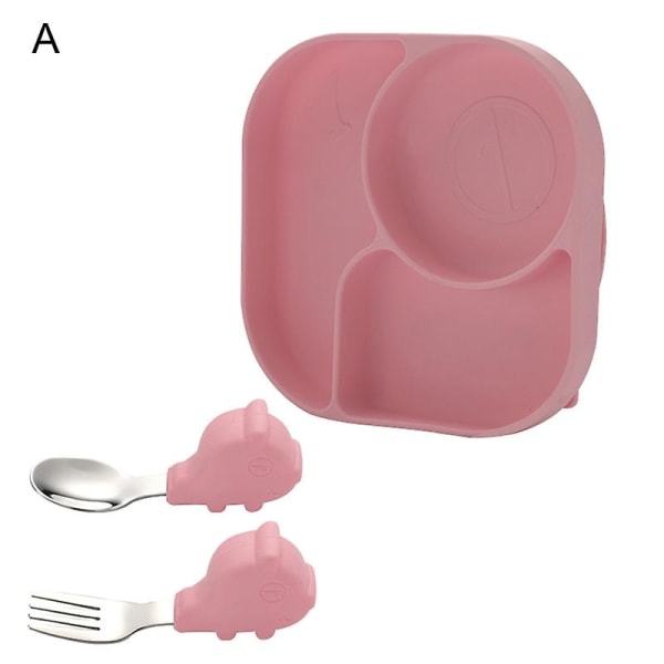 1 sæt fodertallerken Fødevaregodkendt varmebestandig silikone børnestel fodertallerkensæt til hjemmet Pink A