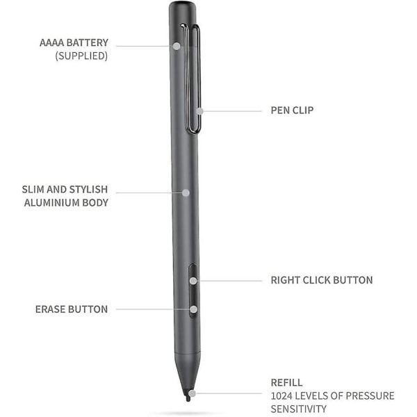 Stylus Penna med känslighet, Palm Rejection, 4a batteri, Surface Pen kompatibel med Microsoft och vissa Asus, Hp, Vaio (svart)