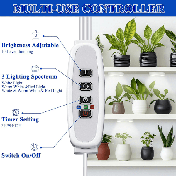 Taklampa för inomhusväxter, 48 LED-lampor med fullspektrum, med 4/8/12H automatisk omkopplare, 4 dimbara ljusstyrkor [DB] White warm light 2 headlights