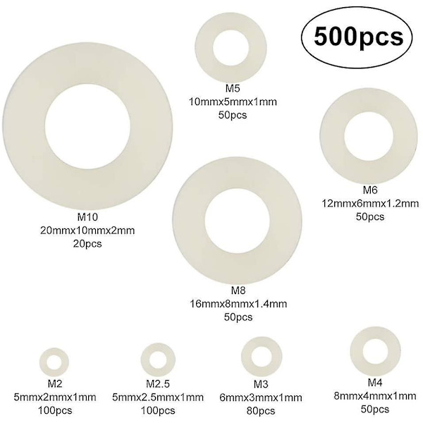 500 plastbrikker, nylon flate skiver M2/m2.5/m3/m4/m5/m6/m8/m10 hvite