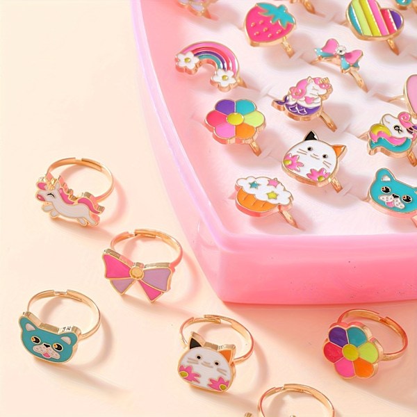 Børne Ringe til Piger, 36-delt Justerbar Prinsesse-Tema Tegneserie Sød Emalleringsringe Sæt, Zink Legering, 18K Guldbelagt, Ingen Mosaik, Aldre 3-14{db} One Size Fits All