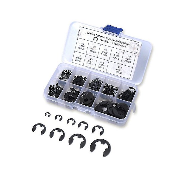 E-clips sæt i kulstofstål, låsering, opbevaringsboks 260x assorteret 2 til 12 mm db