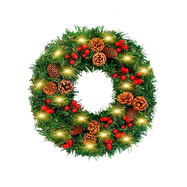 Kunstig Julekrans Med Kogler Røde Bær LED Lys Girlande Til Fordør Væggen Landhus Dekoration Udendørs Indendørs Fest Tilbehør {db} 30cm
