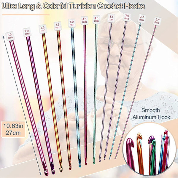 Långt Set med Virknålar, 11 Tunisiskt Virknålar, Flerfärgade Afghan Virknålar för Virkning, 2 mm (B) -8 mm (L), Stickning Virknålar T db