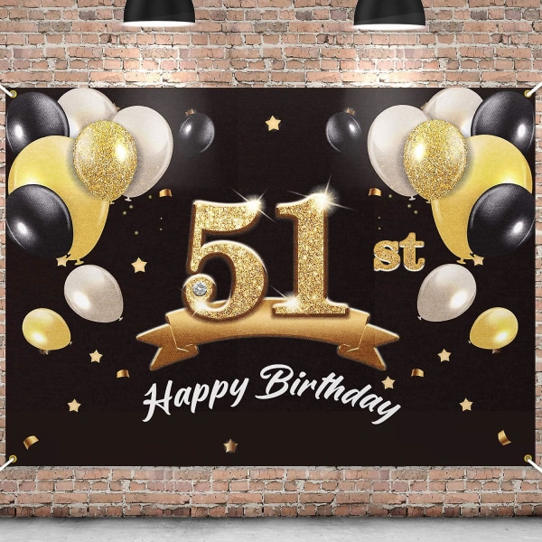 Tillykke med 51-års fødselsdag Banner Baggrund - Sort guld 4x6ft dekorationsartikler