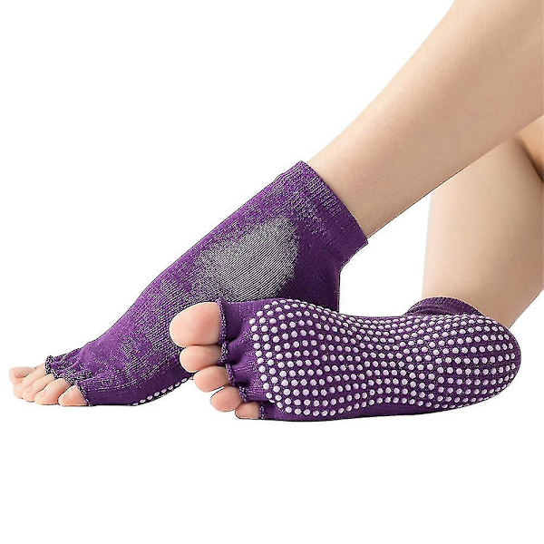 Sokker for kvinner og menn med full tå, sklisikker grep, tilbehør for yoga, barre, pilates, dans, ballett [db] Purple half finger