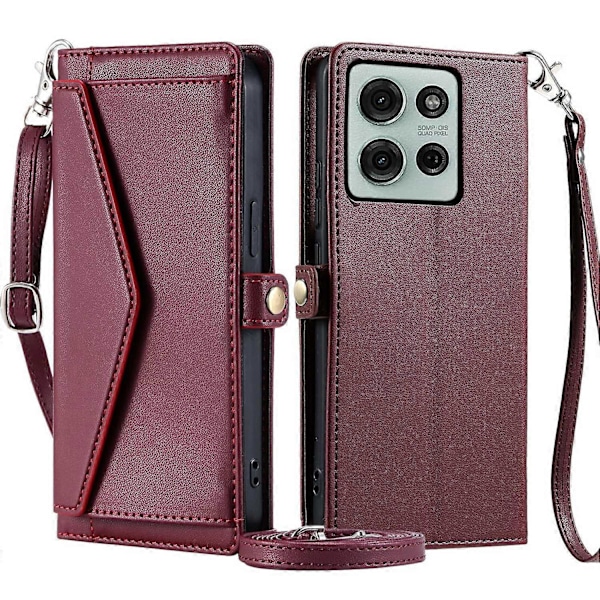Læderetui med pung og stativ til Motorola Moto G75 5G med stropper - Sort db Multicolor Wine Red