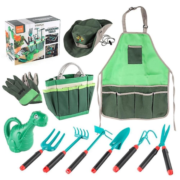 11-delt børnehavearbejdssæt medfølger tote taske spade rive gaffel forklæde handsker vandkande udendørs legetøj gave til drenge piger  [dB} Green