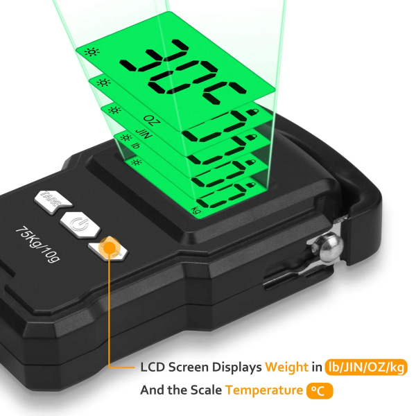 Bærbar elektronisk vekt, 165lbs/75kg LCD bakgrunnsbelyst digital fiskevekt, krok hengende vekt med målebåndslinjal, bæreveske og 2AAA batterier