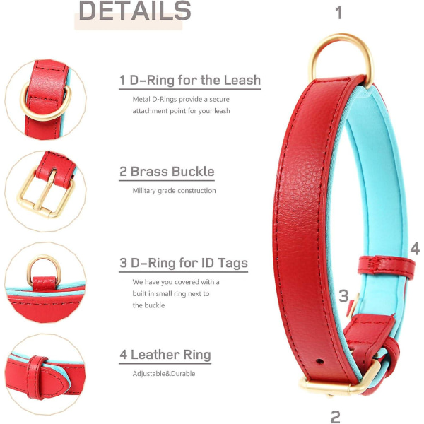 Soft Leather Dog Collar Medium Dogs Breathable Padded With D Ring, Adjustable Classic Dog Pet Collar, Red, M