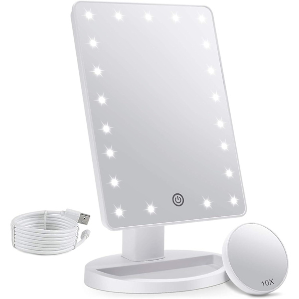 Spejl med lys, 22 LED-lys justerbar dæmpning Touch-sensor, dobbelt strømforsyning, 180 graders rotation, bærbar kosmetisk spejl hvid