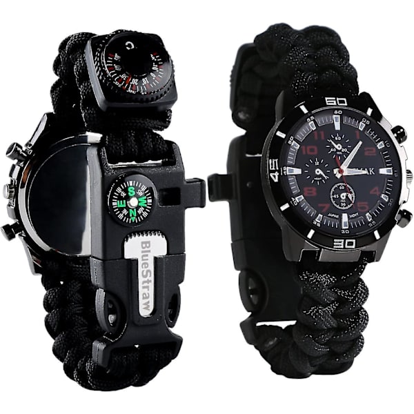 Survival Paracord Nødsituation Overlevelsesarmbånd, Mænd & Kvinder Med Ur/fløjte/ildstarter/skraber/kompas Og Termometer, 6 I 1 Multifunktionel Udendørs