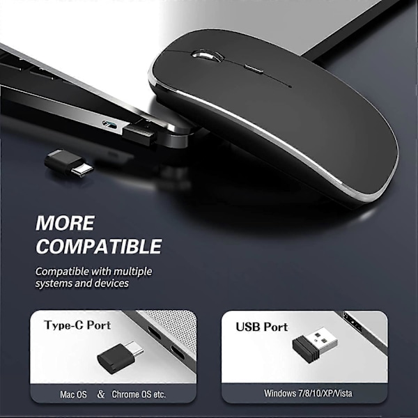 Trådløs Mus Genopladelig Bærbar Lydløs Trådløs Mus USB og Type-C Dual Mode Trådløs Mus 3 Justerbare DPI til Laptop, Mac, PC [db]
