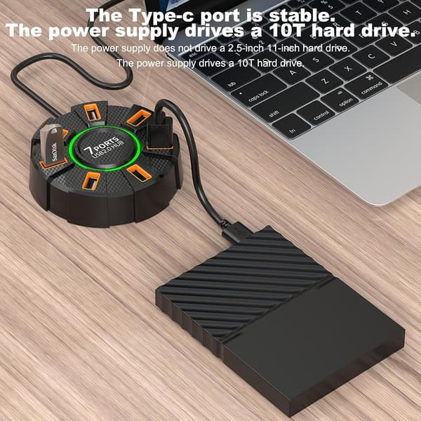 Splitterkabel, adapterporter, rund USB-hub, rund design data 7 porter bærbar praktisk tilbehør fargerike lys solid materiale allsidig[DB]