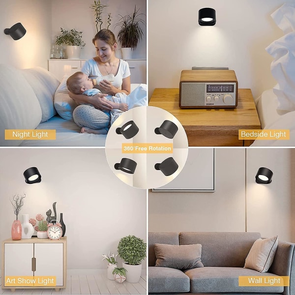 Vägglampa LED-vägglampa med uppladdningsbart batteri [DB] Black
