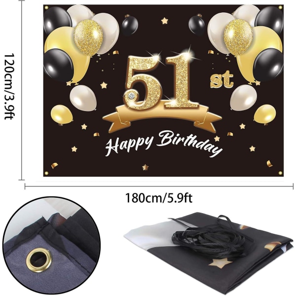 Tillykke med 51-års fødselsdag Banner Baggrund - Sort guld 4x6ft dekorationsartikler