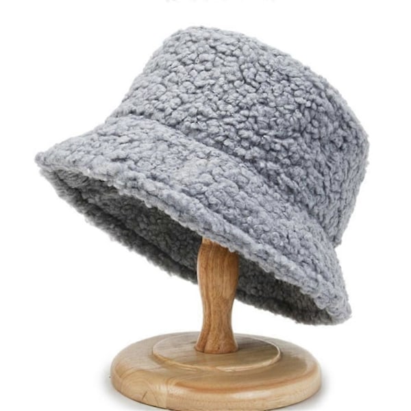 Dam Bucket Hat i Teddybjörn-Plush, Fluffig, Vintervarm, Konstgjord Päls, Fiskehatt [DB] Grey