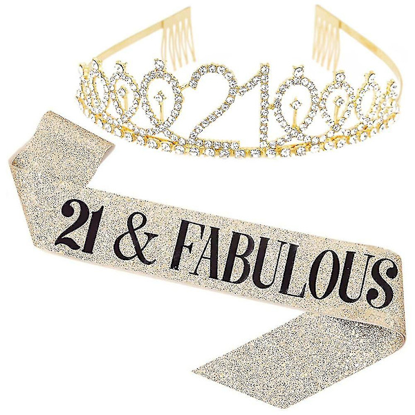 Sash och tiara-set med glittrande strass och bokstavstryck för födelsedagsfest [Db] Golden 21 Years Old