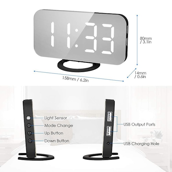 LED Digitalt Vækkeur med Stort Hvidt Skrift Display Spejl Overflade Snooze Funktion til Soveværelse Ch [DB] white