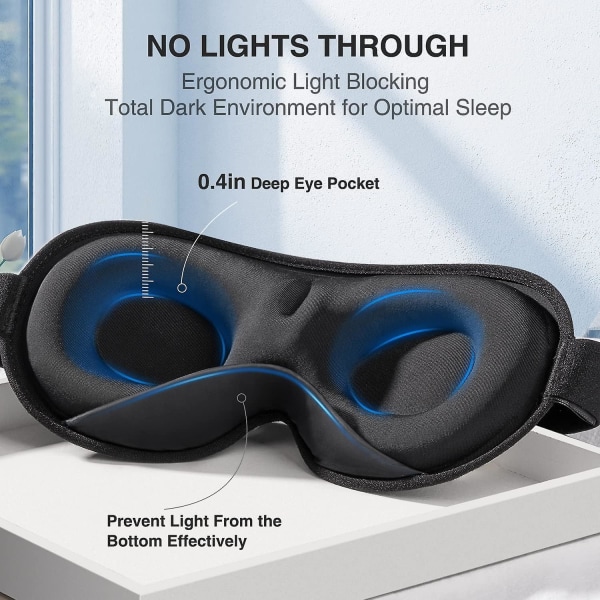 3D Eye Mask Blocking Lights Sleeping Mask, Painetta lievittävä Night Sleep Silmänaamari säädettävällä hihnalla Travel Nap Yogaan, musta