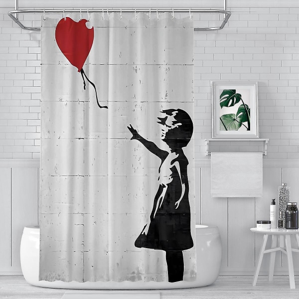 Ekstra lang dusjforheng Banksy jente med hjerteballong muggsikkert vaskbart vektet baderomsgardin  [dB} 72x72 Inch