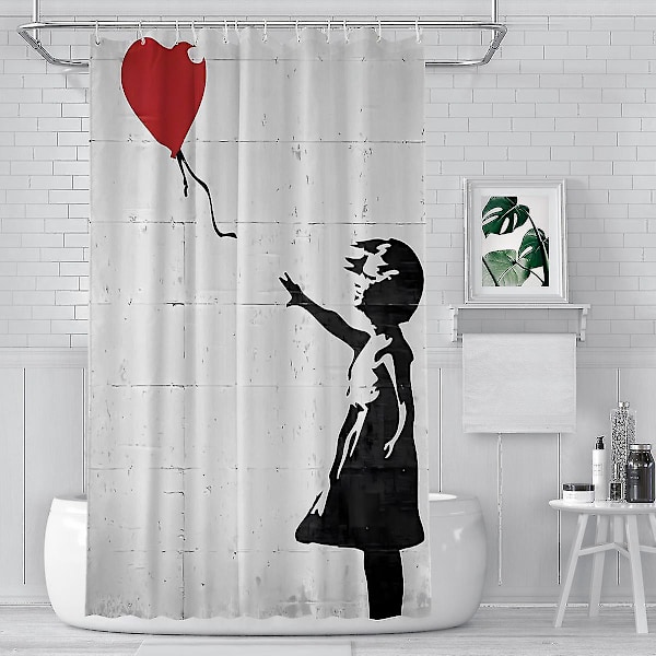 Extra lång duschdraperi Banksy flicka med hjärtballong mögelbeständig tvättbar viktad badrumsgardiner  [dB} 70x70 Inch