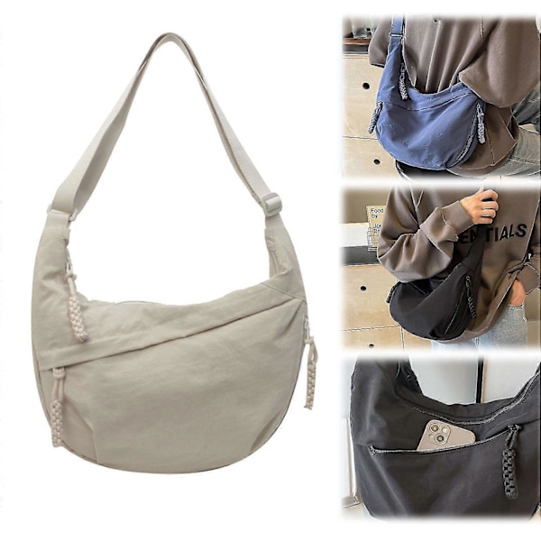 Nylon Halvmåne Väska för Kvinnor, Dumpling Väska Crossbody Väska med Justerbar Axelrem Bröstväska Axelväska för Dagligt Bruk [DB] Beige