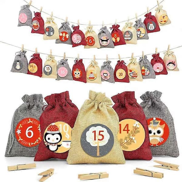 Kompatibel julehør gavepose, adventskalender, slikpose, børns store gavepose, nedtælling 1-24 stofpose [10*14cm] Juleadv[DB]