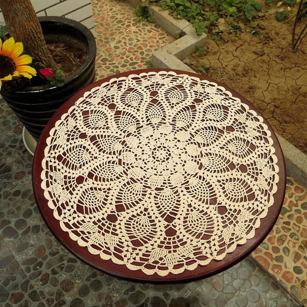 60cm Rund Håndheklet Bomullsblondert Bordduk [DB] Beige 60cm