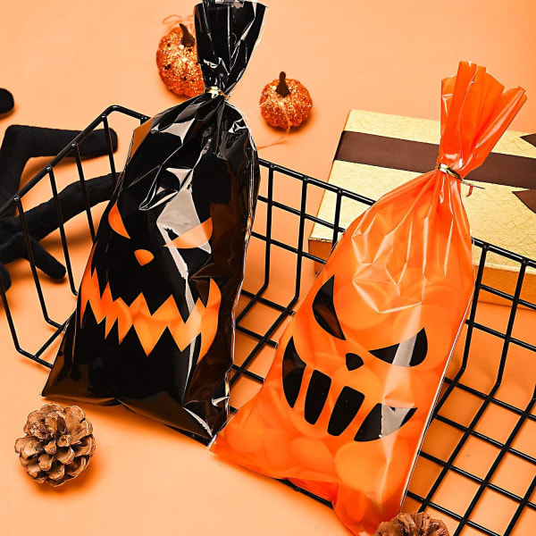 120 stykker græskar cellofan poser med snoet slips - Halloween Party Favors