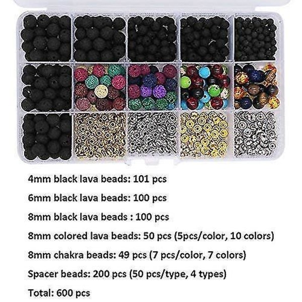 500 stk Lava Perler Kit, Lava Stone Rock Beads Chakra Beads Spacers Beads Med 2 ruller Naturlig vulkansk sten tilbehørssæt