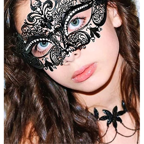 Lady Of Luck Maskerademasker, Venetianske Masker, Metal Maskerademaske til Kvinder Laser Skåret Partymaske (Sort Maskerademaske til Kvinder) {Db}