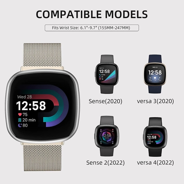 Metalrem til Fitbit Versa 3/Fitbit Sense/Fitbit Sense 2/Fitbit Versa 4 - Rustfrit stålrem til kvinder og mænd