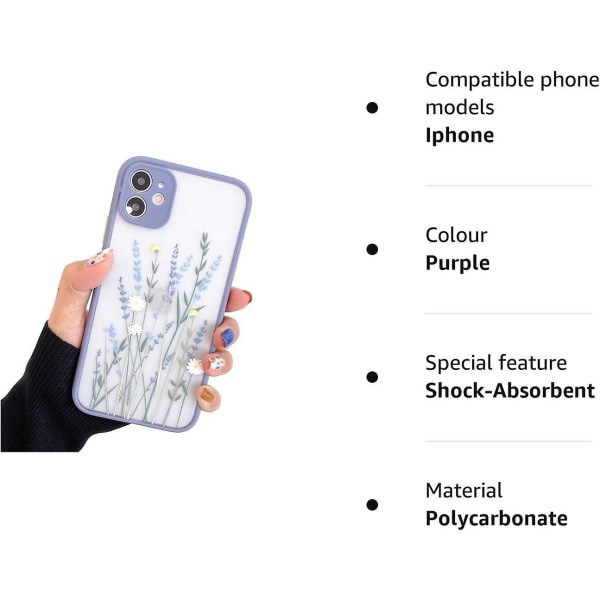 Kompatibel med Iphone 11 for jenter, slankt blomstermønster, beskyttende hard PC-rygg med myk støtsikker TPU-bufret deksel - lilla